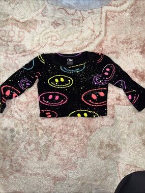 Flowers by Zoe Black Cropped Long-Sleeve Top with Neon Smiley Faces